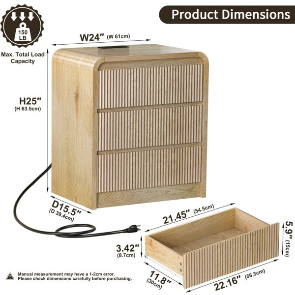 English Elm Modern Fluted 3 Drawer Nightstand with Built in Charging Station for Bedroom Use D1124119986