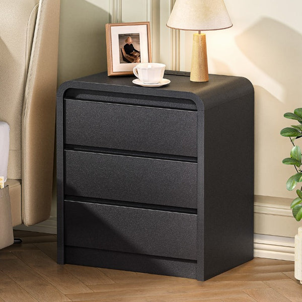 English Elm Modern Mid-Century Nightstand with Built-In Charging Station 3 Drawers Ribbed Wood Matte Finish Black - A D1124119987