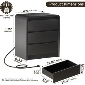 English Elm Modern Mid-Century Nightstand with Built-In Charging Station 3 Drawers Ribbed Wood Matte Finish Black - A D1124119987