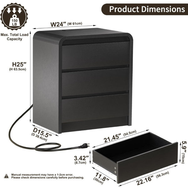 English Elm Modern Mid-Century Nightstand with Built-In Charging Station 3 Drawers Ribbed Wood Matte Finish Black - A D1124119987