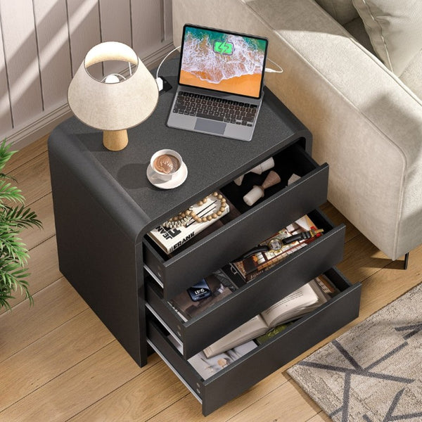 English Elm Modern Mid-Century Nightstand with Built-In Charging Station 3 Drawers Ribbed Wood Matte Finish Black - A D1124119987
