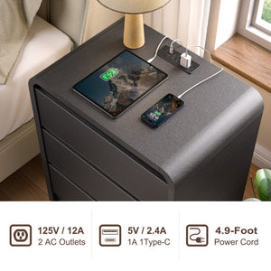 English Elm Modern Mid-Century Nightstand with Built-In Charging Station 3 Drawers Ribbed Wood Matte Finish Black - A D1124119987