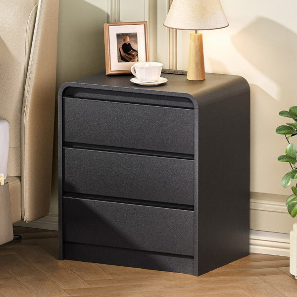 English Elm Modern Mid-Century Nightstand with Built-In Charging Station 3 Drawers Ribbed Wood Matte Finish Black - A D1124119987