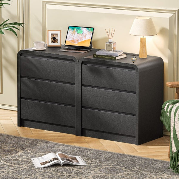 English Elm Modern Mid-Century Nightstand with Built-In Charging Station 3 Drawers Ribbed Wood Matte Finish Black - A D1124119987