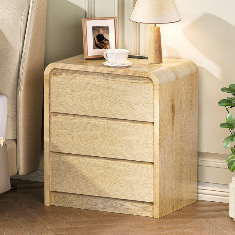 English Elm Modern Mid-Century Nightstand with Built-In Charging Station 3 Drawers Ribbed Wood Matte Finish Antique Natural - A D1124119988