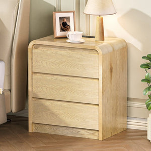 English Elm Modern Mid-Century Nightstand with Built-In Charging Station 3 Drawers Ribbed Wood Matte Finish Antique Natural - A D1124119988