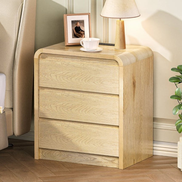 English Elm Modern Mid-Century Nightstand with Built-In Charging Station 3 Drawers Ribbed Wood Matte Finish Antique Natural - A D1124119988