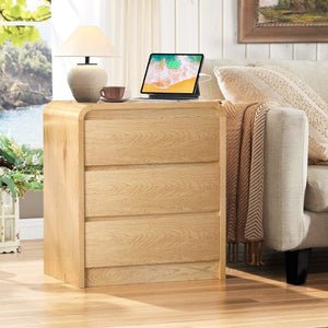 English Elm Modern Mid-Century Nightstand with Built-In Charging Station 3 Drawers Ribbed Wood Matte Finish Antique Natural - A D1124119988