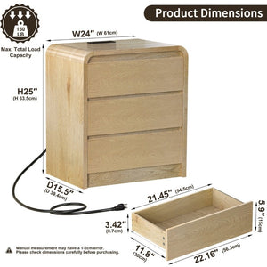 English Elm Modern Mid-Century Nightstand with Built-In Charging Station 3 Drawers Ribbed Wood Matte Finish Antique Natural - A D1124119988