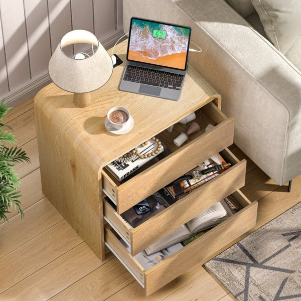 English Elm Modern Mid-Century Nightstand with Built-In Charging Station 3 Drawers Ribbed Wood Matte Finish Antique Natural - A D1124119988