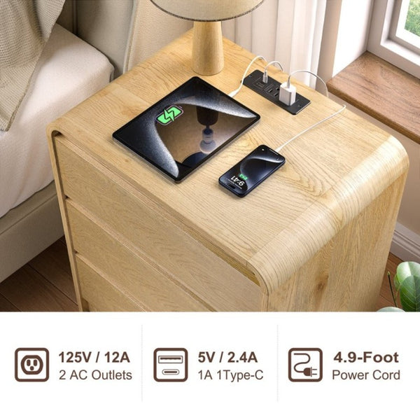 English Elm Modern Mid-Century Nightstand with Built-In Charging Station 3 Drawers Ribbed Wood Matte Finish Antique Natural - A D1124119988