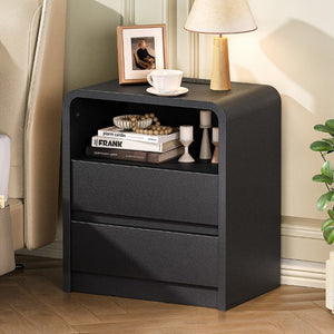 English Elm Modern Ribbed Wood Nightstand with Charging Station Three Drawers Mid-Century Bedroom Black - A D1124119990