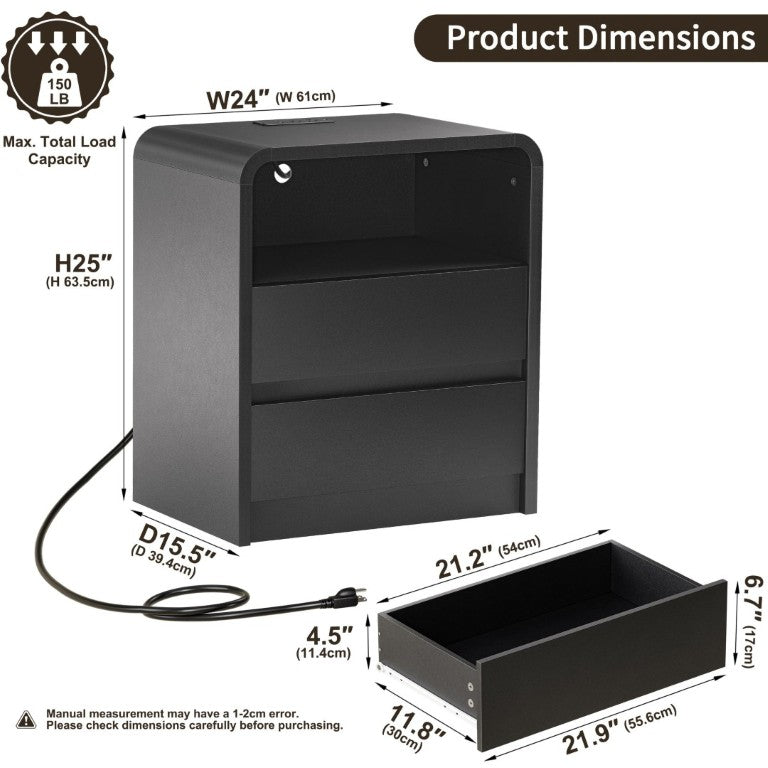 English Elm Modern Ribbed Wood Nightstand with Charging Station Three Drawers Mid-Century Bedroom Black - A D1124119990