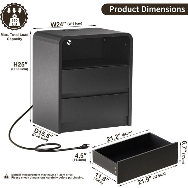 English Elm Modern Ribbed Wood Nightstand with Charging Station Three Drawers Mid-Century Bedroom Black - A D1124119990