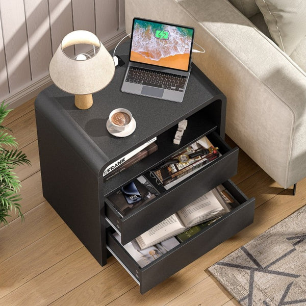 English Elm Modern Ribbed Wood Nightstand with Charging Station Three Drawers Mid-Century Bedroom Black - A D1124119990
