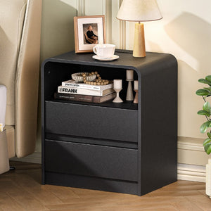 English Elm Modern Ribbed Wood Nightstand with Charging Station Three Drawers Mid-Century Bedroom Black - A D1124119990