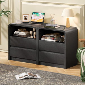 English Elm Modern Ribbed Wood Nightstand with Charging Station Three Drawers Mid-Century Bedroom Black - A D1124119990