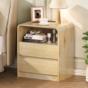 English Elm Modern Ribbed Wood Nightstand with Charging Station Three Drawers Mid-Century Bedroom Antique Natural - A D1124119991