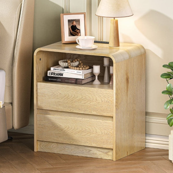 English Elm Modern Ribbed Wood Nightstand with Charging Station Three Drawers Mid-Century Bedroom Antique Natural - A D1124119991