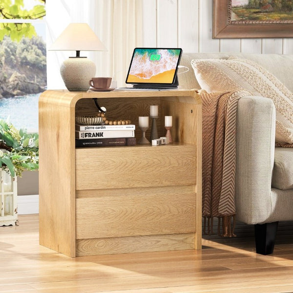 English Elm Modern Ribbed Wood Nightstand with Charging Station Three Drawers Mid-Century Bedroom Antique Natural - A D1124119991