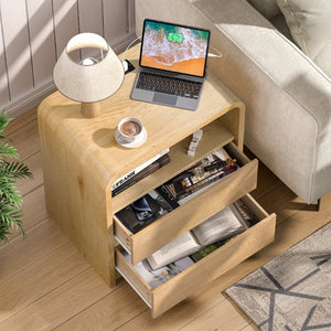 English Elm Modern Ribbed Wood Nightstand with Charging Station Three Drawers Mid-Century Bedroom Antique Natural - A D1124119991