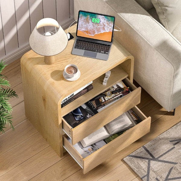 English Elm Modern Ribbed Wood Nightstand with Charging Station Three Drawers Mid-Century Bedroom Antique Natural - A D1124119991