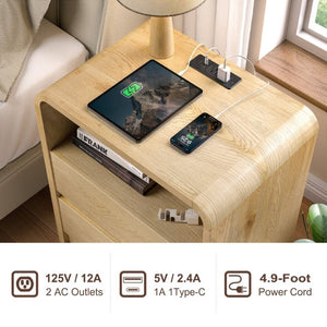 English Elm Modern Ribbed Wood Nightstand with Charging Station Three Drawers Mid-Century Bedroom Antique Natural - A D1124119991