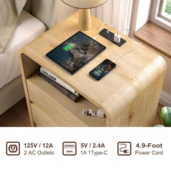 English Elm Modern Ribbed Wood Nightstand with Charging Station Three Drawers Mid-Century Bedroom Antique Natural - A D1124119991