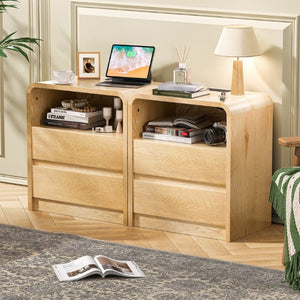 English Elm Modern Ribbed Wood Nightstand with Charging Station Three Drawers Mid-Century Bedroom Antique Natural - A D1124119991