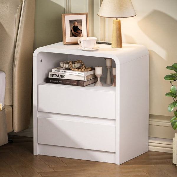 English Elm Modern Ribbed Wood Nightstand with Charging Station Three Drawers Mid-Century Bedroom Antique White - A D1124158746