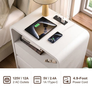 English Elm Modern Ribbed Wood Nightstand with Charging Station Three Drawers Mid-Century Bedroom Antique White - A D1124158746