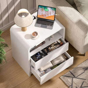 English Elm Modern Ribbed Wood Nightstand with Charging Station Three Drawers Mid-Century Bedroom Antique White - A D1124158746