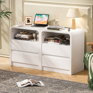 English Elm Modern Ribbed Wood Nightstand with Charging Station Three Drawers Mid-Century Bedroom Antique White - A D1124158746