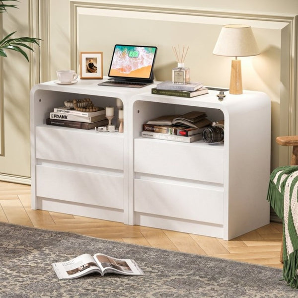 English Elm Modern Ribbed Wood Nightstand with Charging Station Three Drawers Mid-Century Bedroom Antique White - A D1124158746