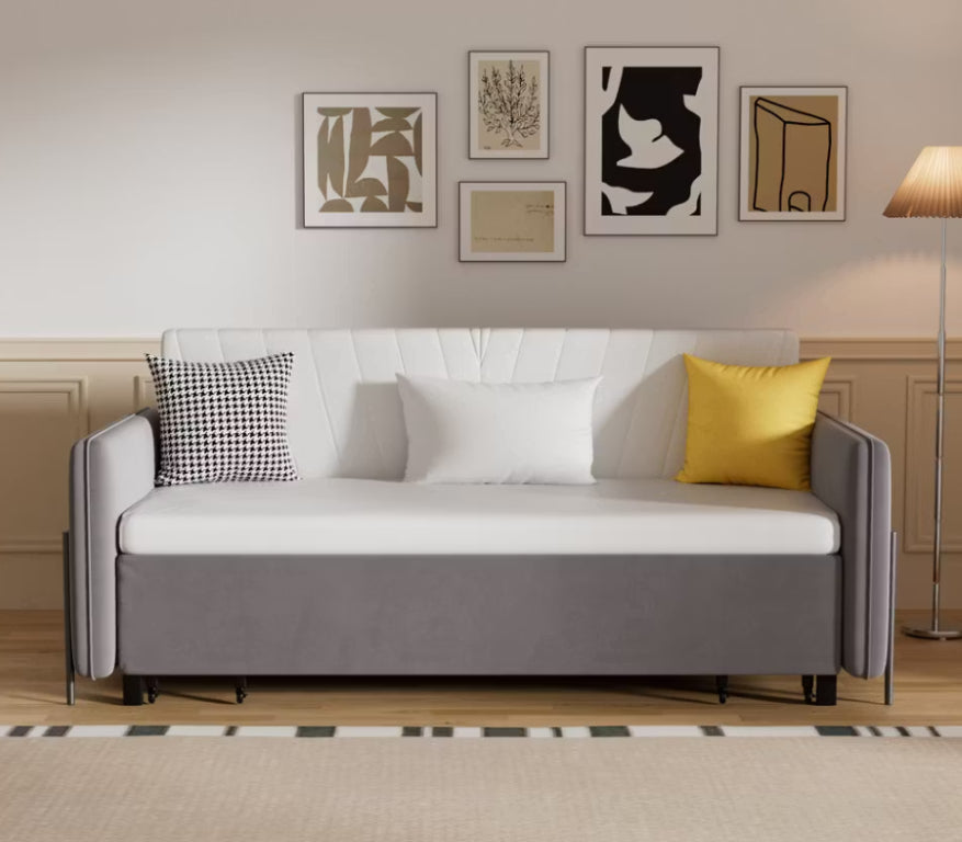 English Elm 66.9Convertible Sofa Bed Faux Leather Guest Sleeper with Side Pockets Modern Studio D1134122228
