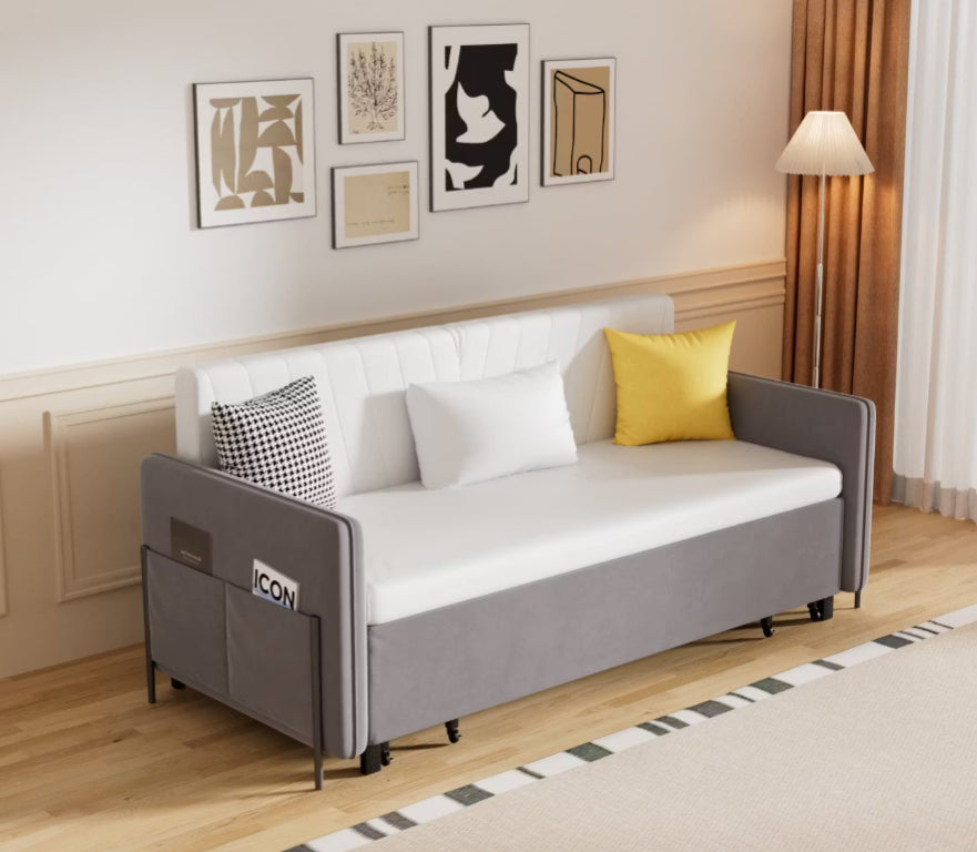 English Elm 66.9Convertible Sofa Bed Faux Leather Guest Sleeper with Side Pockets Modern Studio D1134122228