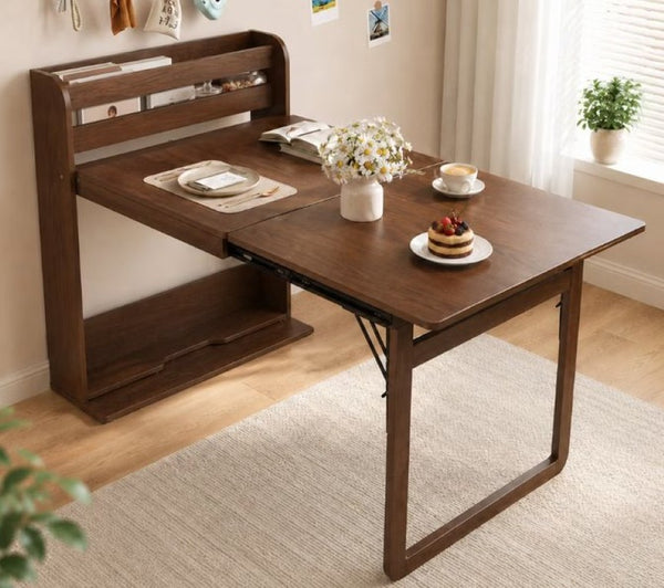 English Elm 62 Inch Fold Flat Wall Cabinet Dining Table with Open Shelf for Small Spaces Walnut D1134126563