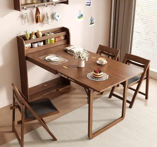 English Elm 62 Inch Fold Flat Wall Cabinet Dining Table with Open Shelf for Small Spaces Walnut D1134126563