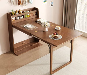 English Elm 62 Inch Fold Flat Wall Cabinet Dining Table with Open Shelf for Small Spaces Walnut D1134126563