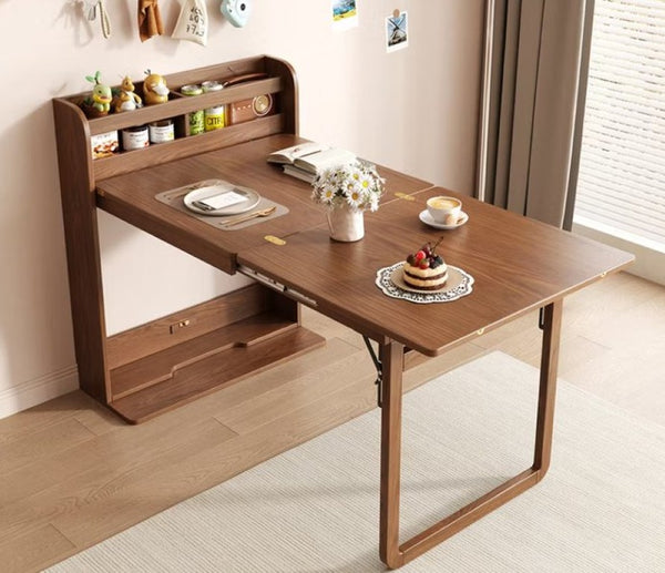 English Elm 62 Inch Fold Flat Wall Cabinet Dining Table with Open Shelf for Small Spaces Walnut D1134126563