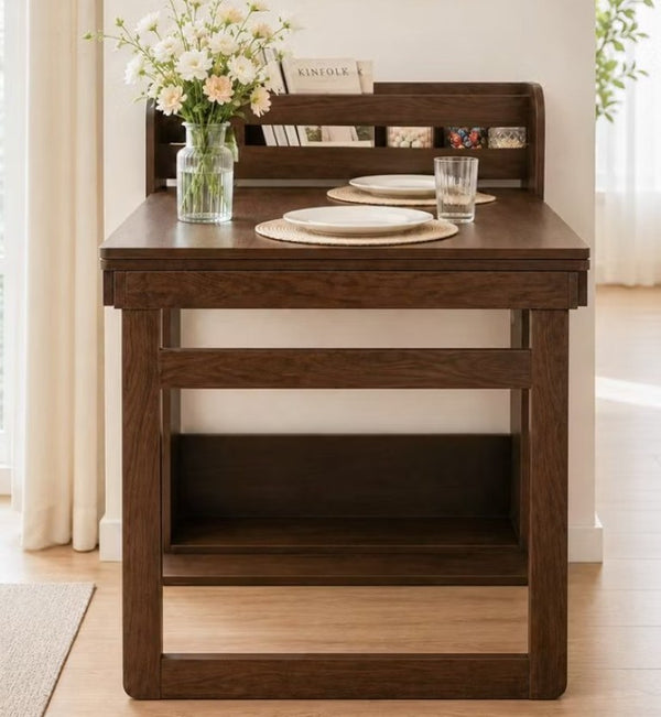 English Elm 62 Inch Fold Flat Wall Cabinet Dining Table with Open Shelf for Small Spaces Walnut D1134126563