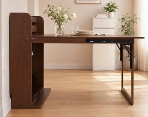 English Elm 62 Inch Fold Flat Wall Cabinet Dining Table with Open Shelf for Small Spaces Walnut D1134126563