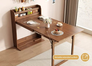 English Elm 62 Inch Fold Flat Wall Cabinet Dining Table with Open Shelf for Small Spaces Walnut D1134126563