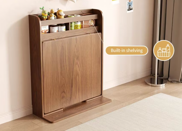 English Elm 62 Inch Fold Flat Wall Cabinet Dining Table with Open Shelf for Small Spaces Walnut D1134126563