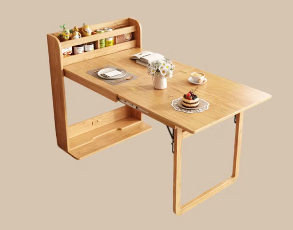 English Elm 62 Inch Fold Flat Wall Cabinet Dining Table with Open Shelf for Small Spaces Natural D1134126565