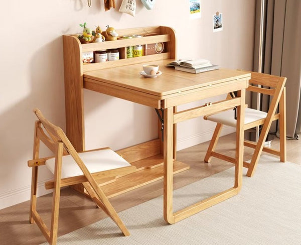 English Elm 62 Inch Fold Flat Wall Cabinet Dining Table with Open Shelf for Small Spaces Natural D1134126565