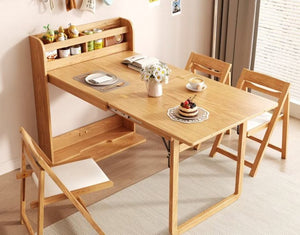 English Elm 62 Inch Fold Flat Wall Cabinet Dining Table with Open Shelf for Small Spaces Natural D1134126565