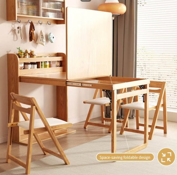 English Elm 62 Inch Fold Flat Wall Cabinet Dining Table with Open Shelf for Small Spaces Natural D1134126565