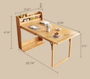 English Elm 62 Inch Fold Flat Wall Cabinet Dining Table with Open Shelf for Small Spaces Natural D1134126565