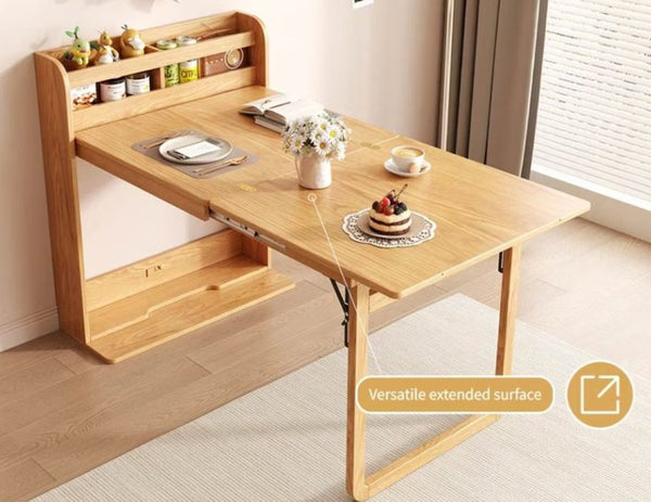English Elm 62 Inch Fold Flat Wall Cabinet Dining Table with Open Shelf for Small Spaces Natural D1134126565